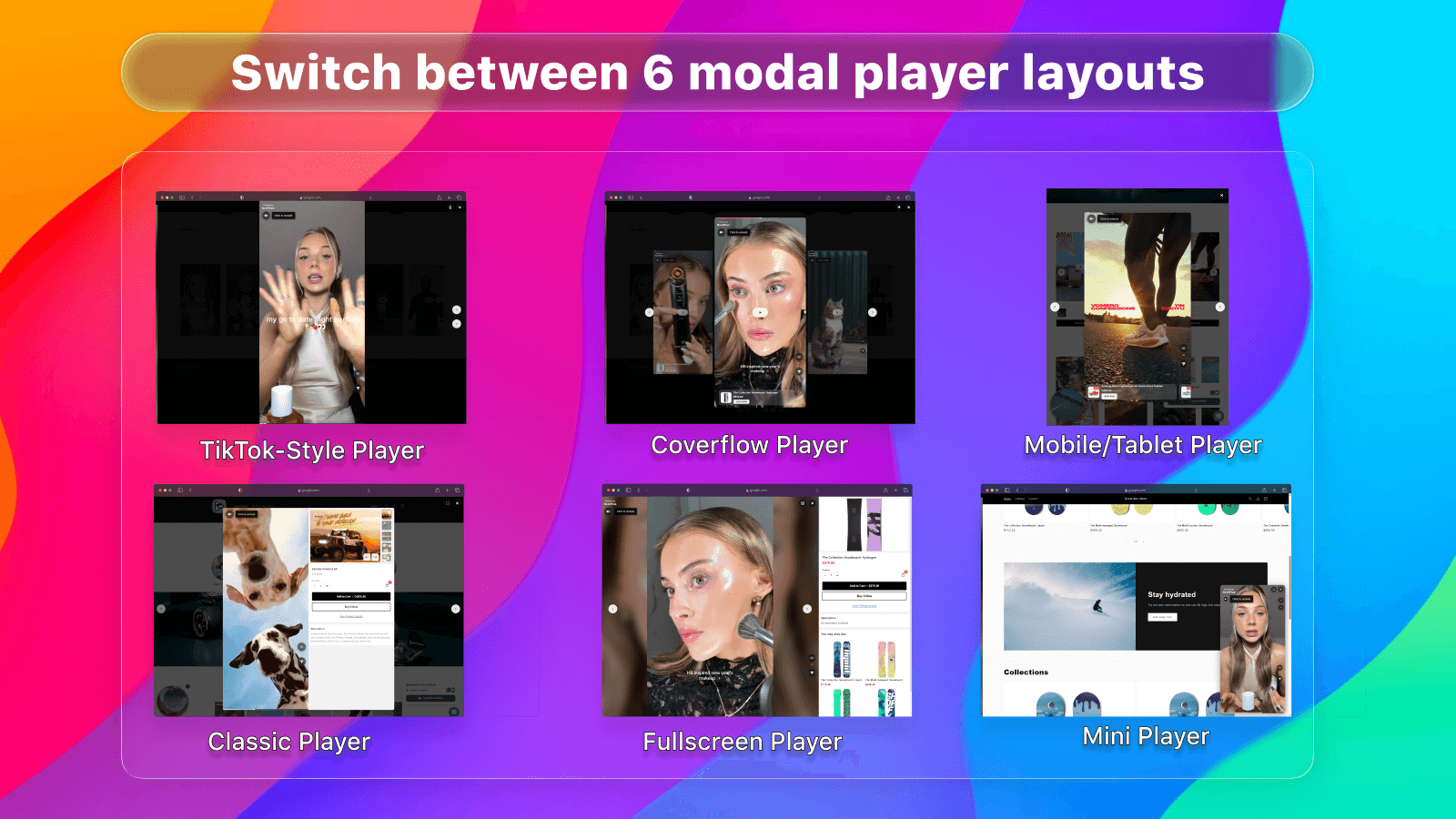 Six layout variants for the shoppable-video modal.